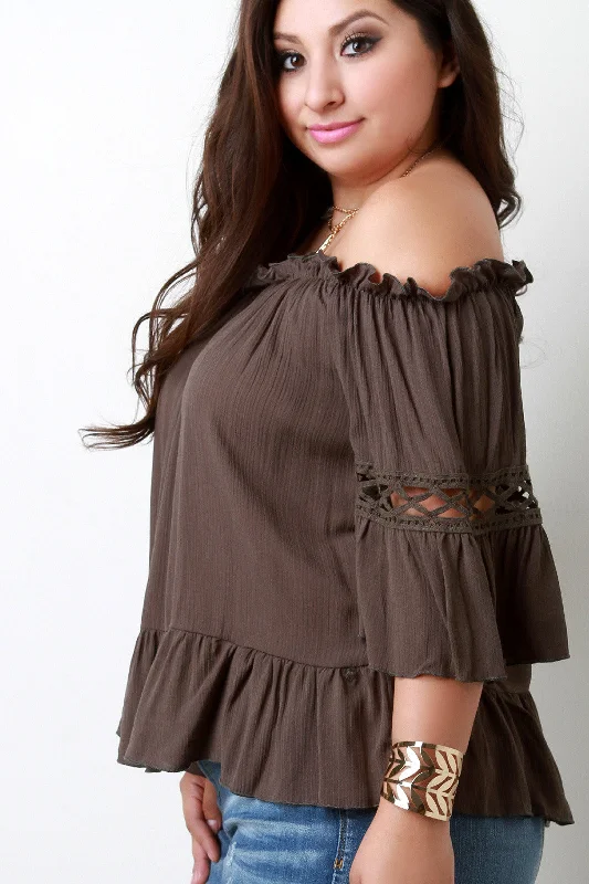 Flash Deal Off The Shoulder Crochet Inset Bell Sleeves Ruffled Top