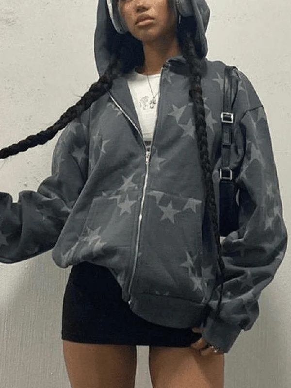 Limited Time Offer Star Print Zip Up Hoodie