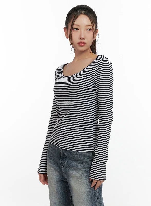 Weekend Specials to Relish Striped Cotton U-Neck Long Sleeve Tee CN412