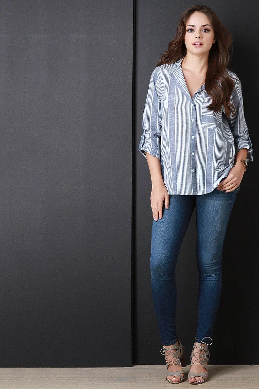 Special Discount Striped Button Up Wide Sleeve Top