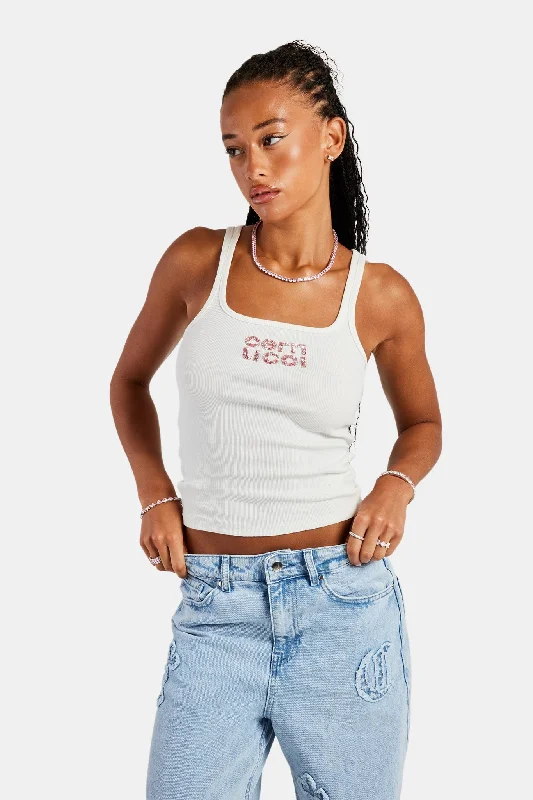 Overstock Sale Rib Glitter Applique Vest Top  White