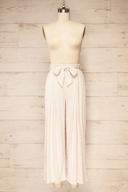Discount Mania Babylone | Textured Ivory Pants w/ Fabric Belt