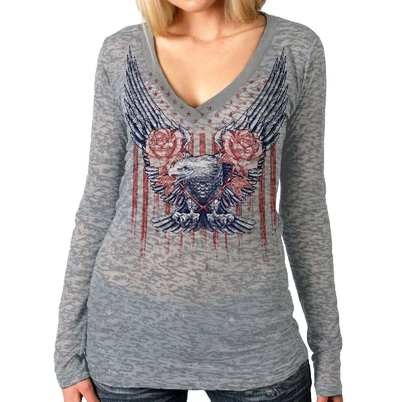 Price Rollback Hot Leathers Ladies Long Sleeve Burnout Up-Wing Eagle Shirt GLC3539