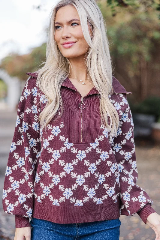 Super Sale Stay Together Brown Floral Half Zip Sweater