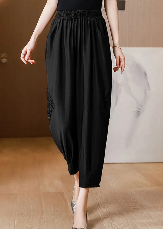 Limited Stock Casual Black Embroideried Floral Linen Crop Pants Spring