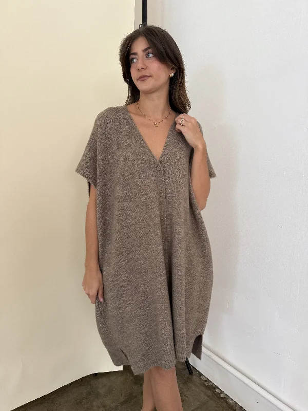 Seasonal Clearance Logan Knit Buttoned Cardigan Mini Dress (Taupe)