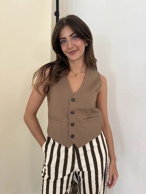 Stock Clearance FRNCH Alix Camel Suit Vest Buttoned Top
