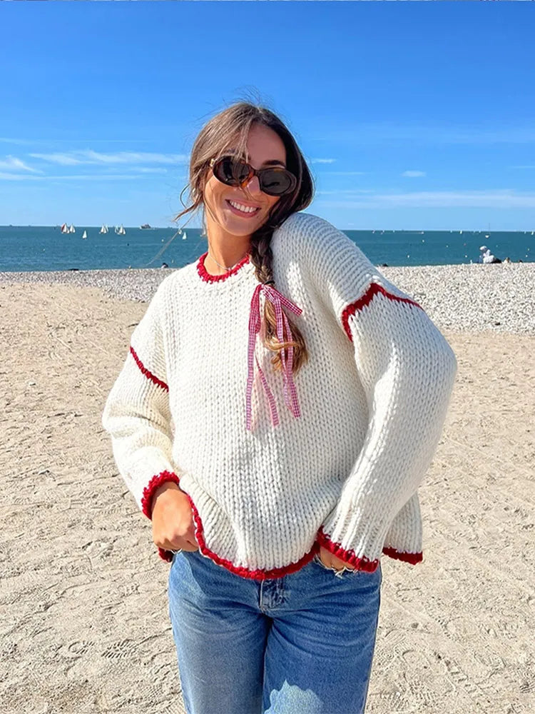 Instant Discount Casual Knitted Contrast Women's Pullovers Loose Round Neck Long Sleeve Sweater
