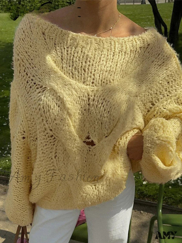 Extra Savings Loose Knitted Purple Women Loose O Neck Long Sleeve Pockets Sweater