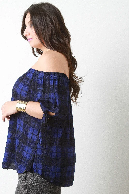 Discount Extravaganza Plaid Tie Sleeve Off The Shoulder Top