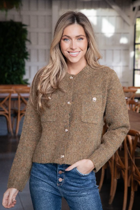 Price Break Delanie Button Detail Boucle Cardigan, Olive