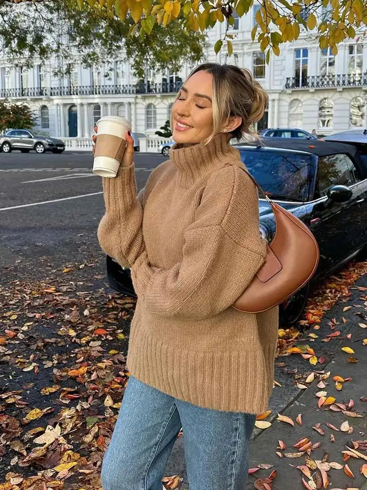 Price Cut Elegant Solid Turtleneck Knitted Women Casual Long Sleeve Loose Sweater
