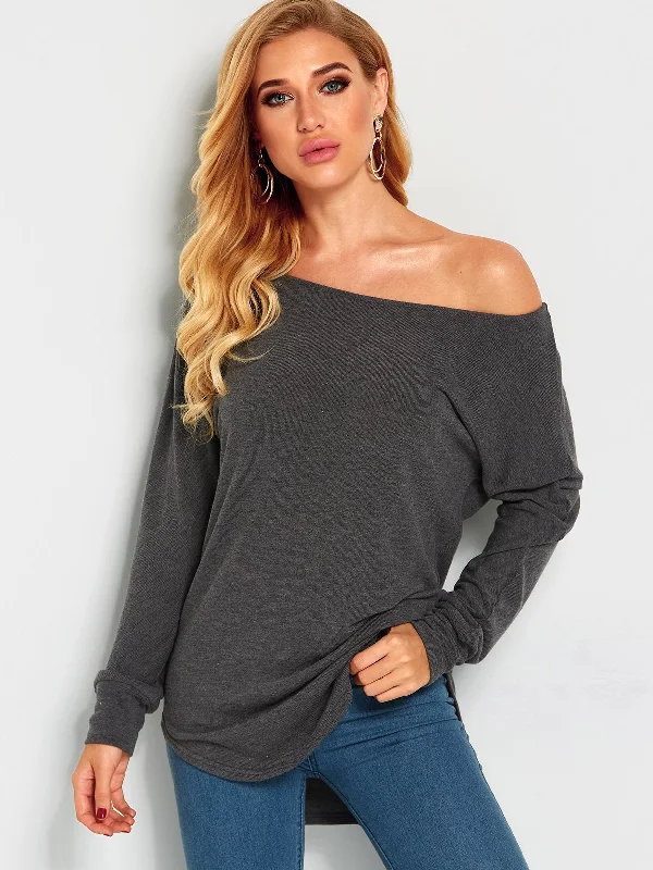 New Markdowns Wholesale One Shoulder Plain Long Sleeve Curved Hem Top
