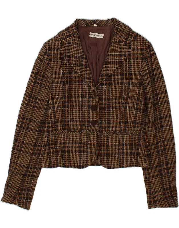 Bargain Prices VINTAGE Womens 3 Button Crop Blazer Jacket IT 42 Medium Brown Houndstooth