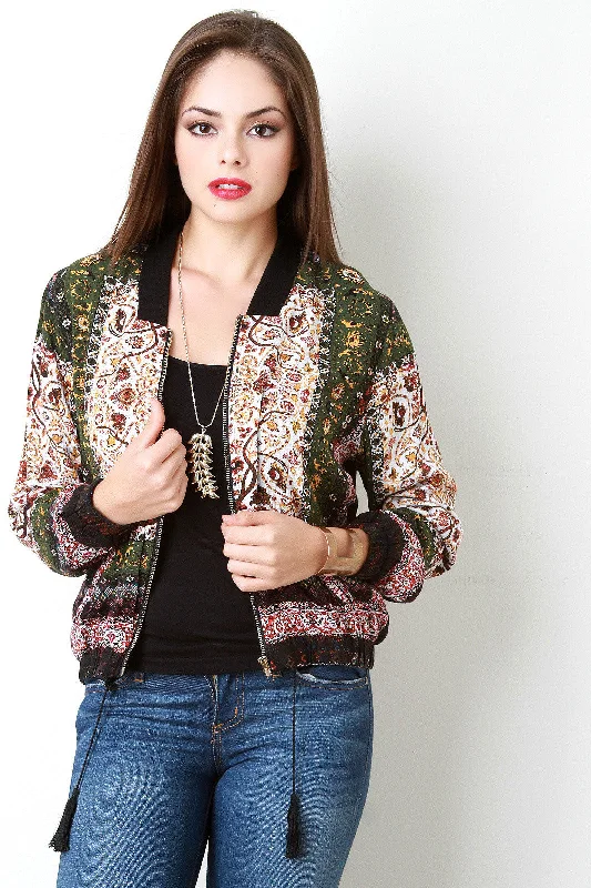 Stock Clearance Paisley Boho Tassel Tie Bomber Jacket