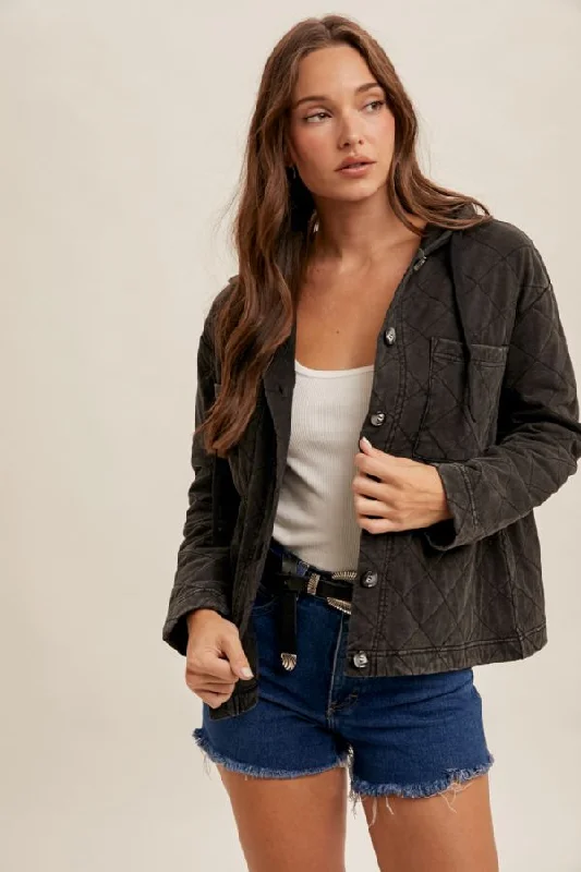 Unwind with Weekend Discounts Quilted Washed Cotton Hooded Button Down Jacket
