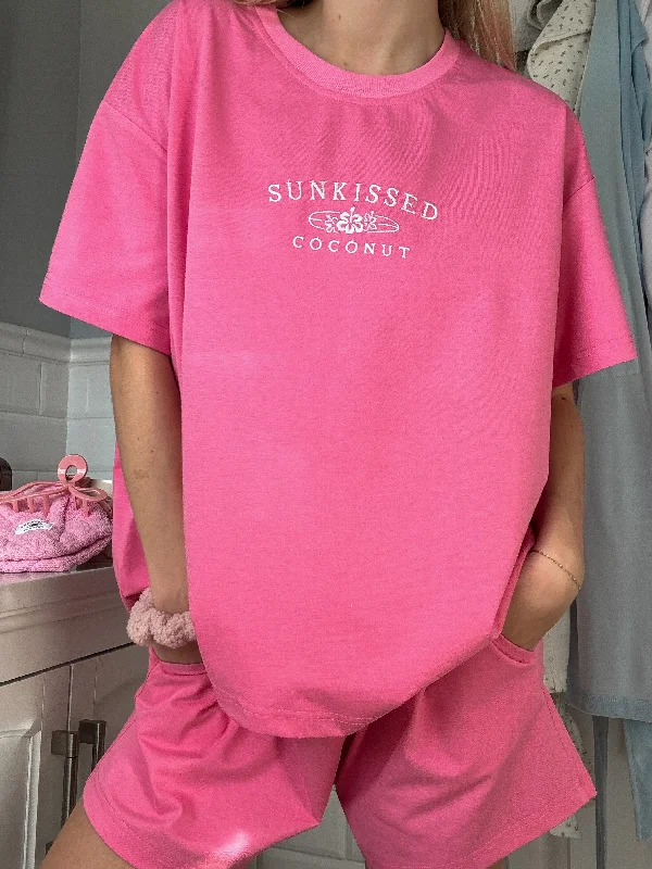 Weekend Bargains to Relish Malibu Pink Basic Watercolor Embroider Tee