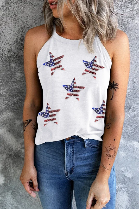 Weekend Wonders Await! Sequin US Flag Star Grecian Neck Tank