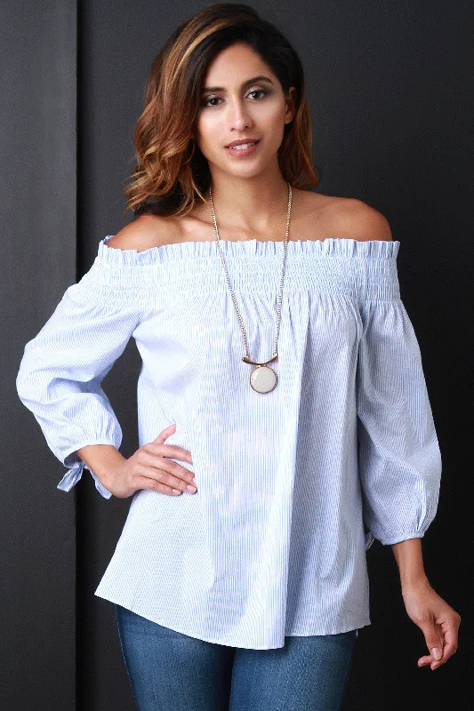 New Markdowns Off The Shoulder Pinstripe Blouse