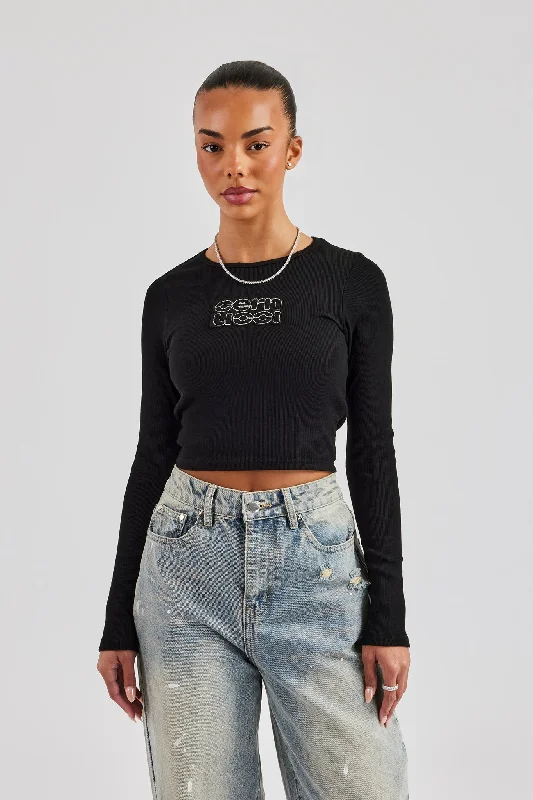 Discount Days Long Sleeve Applique T-Shirt - Black
