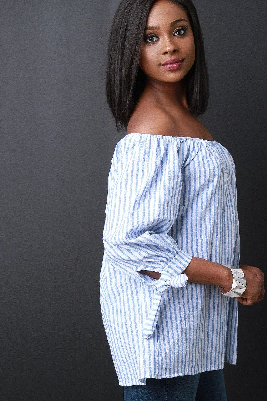 Get It Before It’s Gone Striped Off The Shoulder Tie Sleeve Top