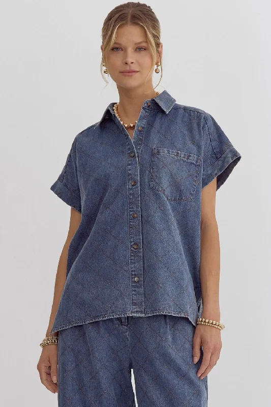 Lowest Price Denim Button Down Short Sleeve Top