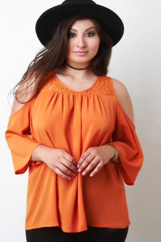 Weekend Bargains Await You Lace Yoke Cold Shoulder Blouse