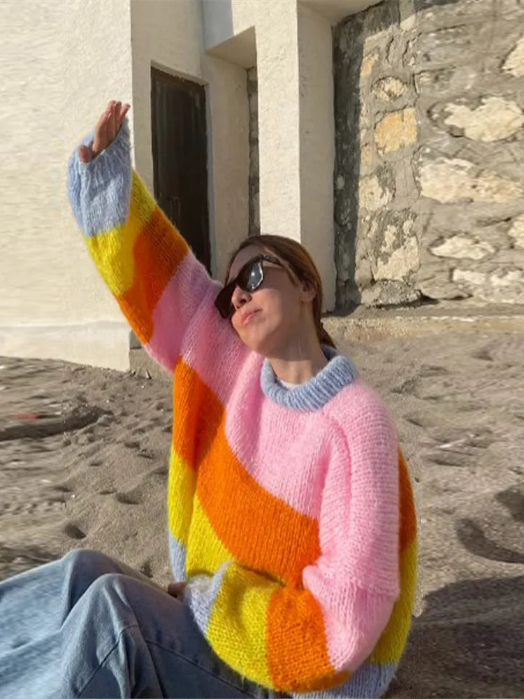 Massive Deals Elegant Colorful Stripes Knitted Pullover Women Casual Round Neck Long Sleeves Sweater