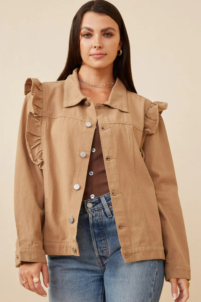 Limited Time Discount Womens Ruffled Shoulder Twill Jacket