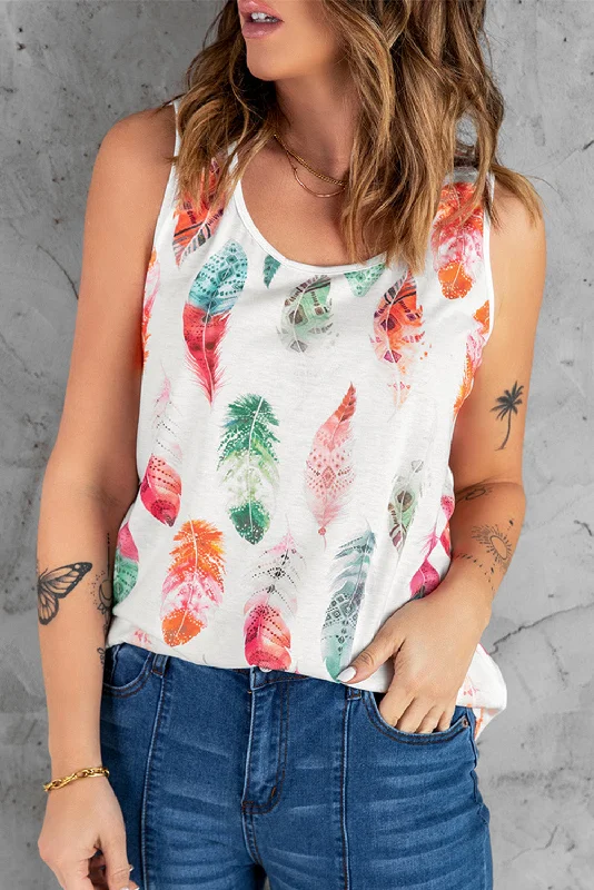 Weekend Bargains to Relish Feather Print Round Neck Tank