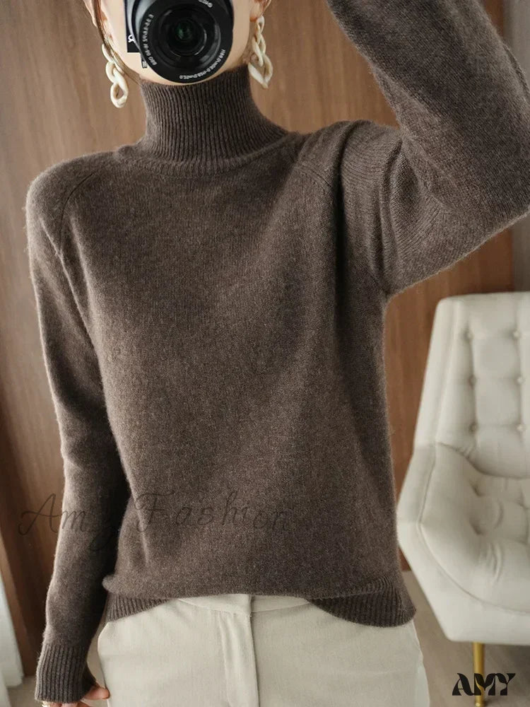 Act Now Fashion Basic Autumn Winter Merino Wool Mock Neck Cashmere Pullover Soft Long Sleeve Sweater