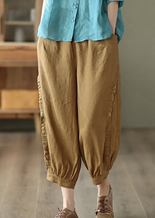 Clearance Sale Brown Ruffled Elastic Waist Cozy Crop Pants