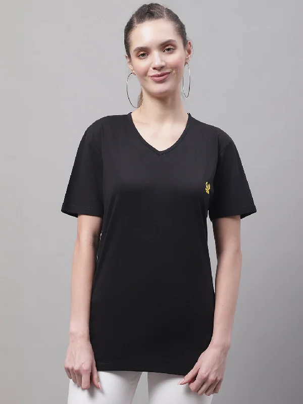 Best Bargains Vimal Jonney V Neck Cotton Solid Black T-Shirt for Women