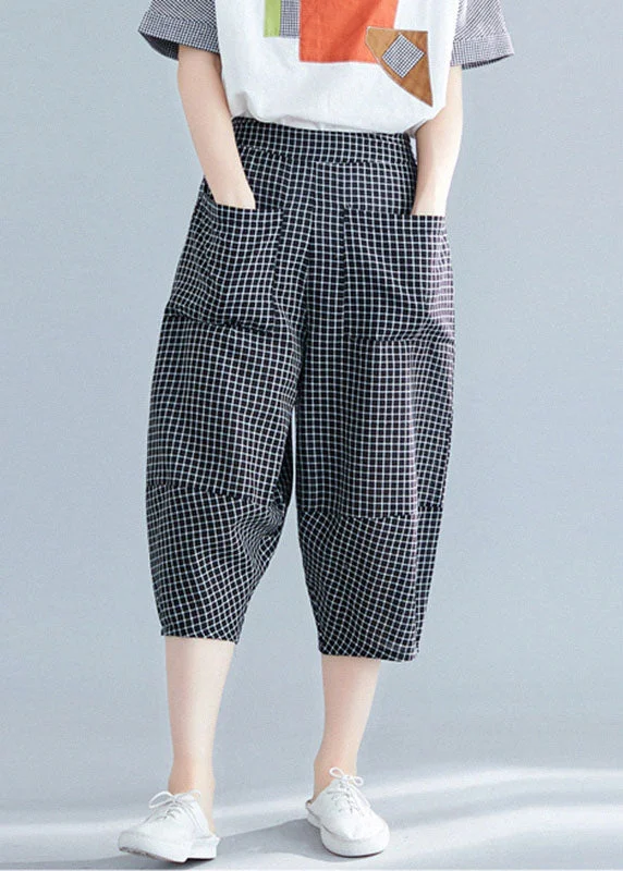 Early Access Casual Black Plaid Elastic Waist Pockets Cotton Crop Pants Trousers Summer