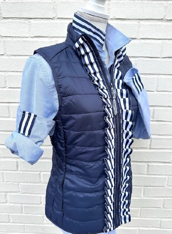 Epic Value Maggie May Ruffled Ribbon Puffer Vest Navy w Navy & White Stripe (PF39)