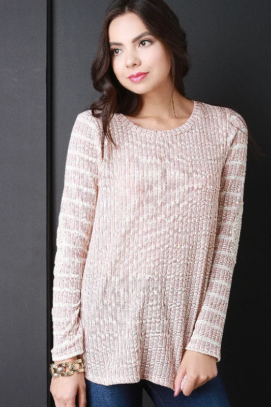 Deal of the Day Striped Crochet Patch Long Sleeves Sweater Top
