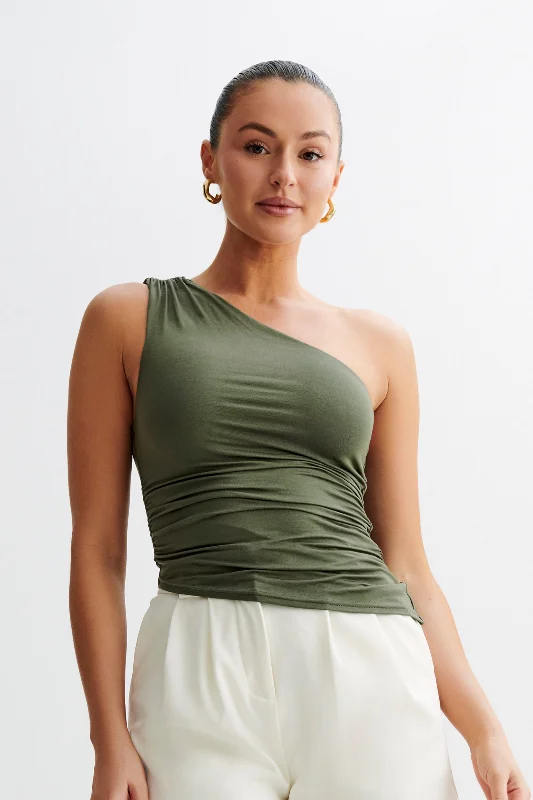 Instant Deal Sarah One Shoulder Modal Asymmetric Top - Military Olive