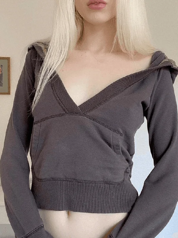 Don’t Miss Out V Neck Y2K Cropped Hoodie