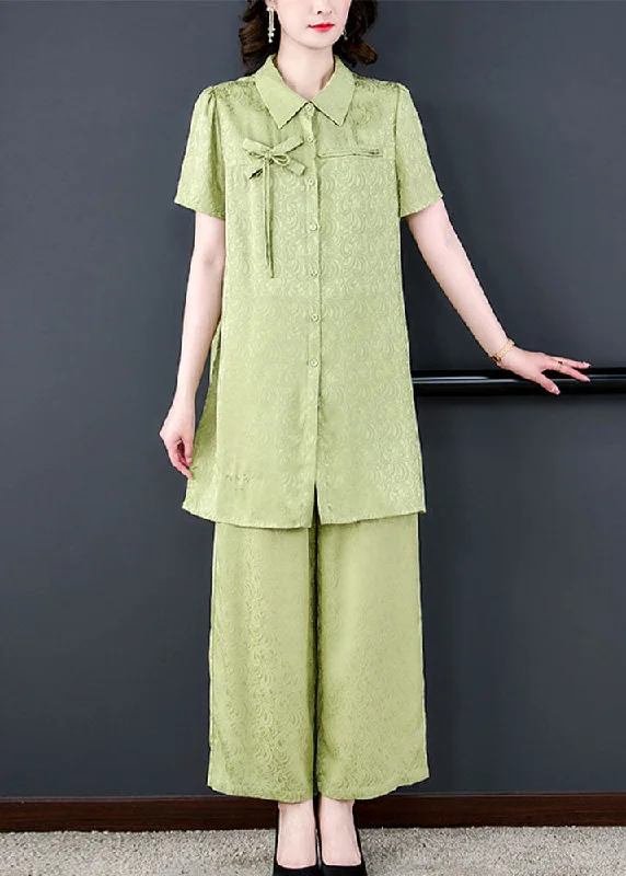Price Drop Boutique Green Peter Pan Collar Tops And Pants Silk 2 Piece Outfit Summer