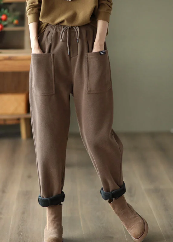 Weekend Flash Sale Casual Khaki Elastic Waist Drawstring Pockets Warm Fleece Pants Winter