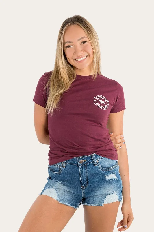 Deal Frenzy Signature Bull Womens Classic Fit T-Shirt - Burgundy/White
