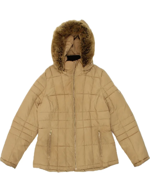 Weekend Specials to Celebrate CALVIN KLEIN Womens Hooded Padded Jacket UK 16 Large Beige Polyester