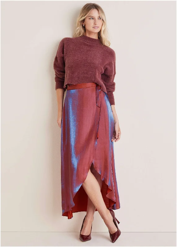 Price Drop Lamé Wrap Maxi Skirt - Burgundy Lame