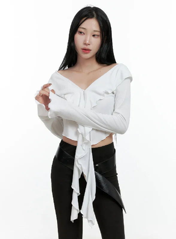 Shop and Save Ruffle V-Neck Long Sleeve Crop Top CN408