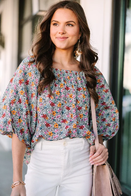 Online Only On Your Time Taupe Brown Ditsy Floral Blouse