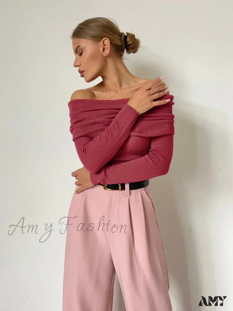 Now Available Wolfeel Women Knitted Wool T-shirt Slim Fit Long Sleeve Off Shoulder Sweater