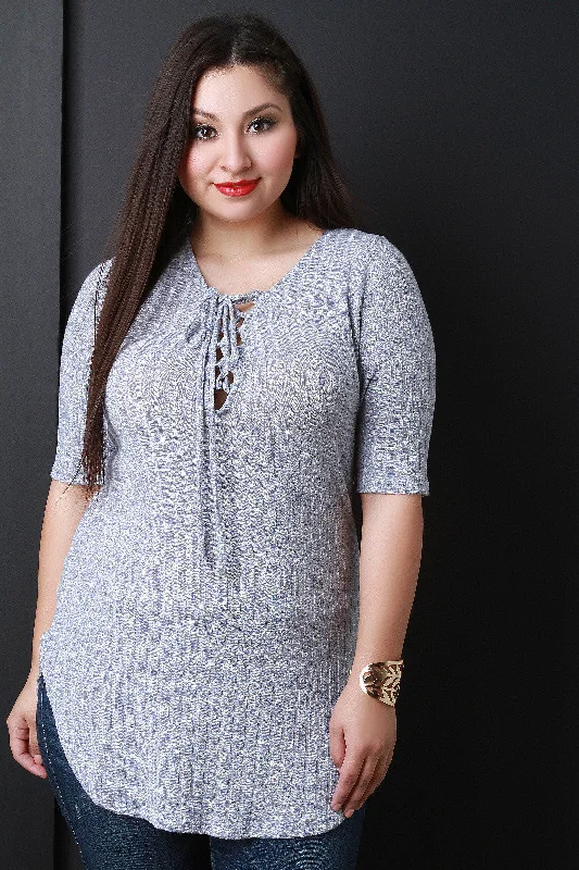 Don't Miss Out Melange Ribbed Lace Up Tunic Top