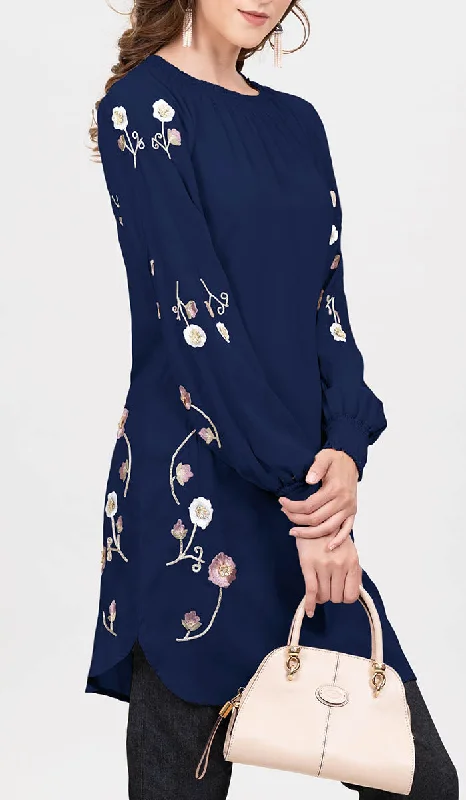 Make Your Weekend Count with Savings Iman Embroidered Formal Long Modest Tunic - Navy