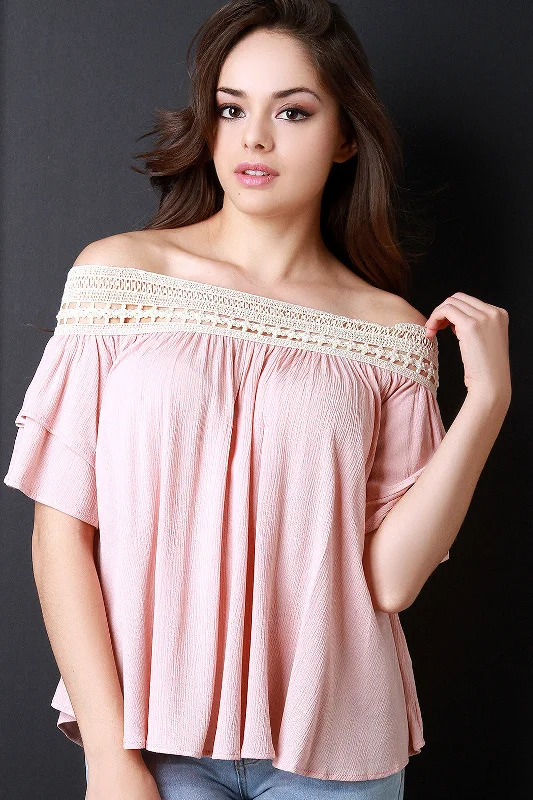 Bonus Offer Off The Shoulder Crochet Trim Top