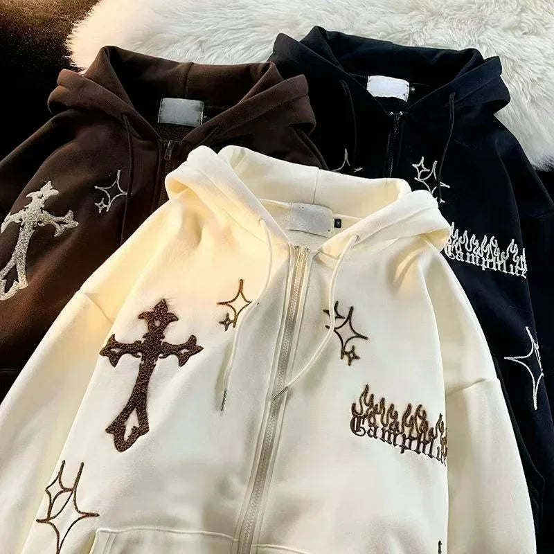 Exclusive Preview Gothic Hip Hop Stylish Embroidery Zip-Up Hoodie
